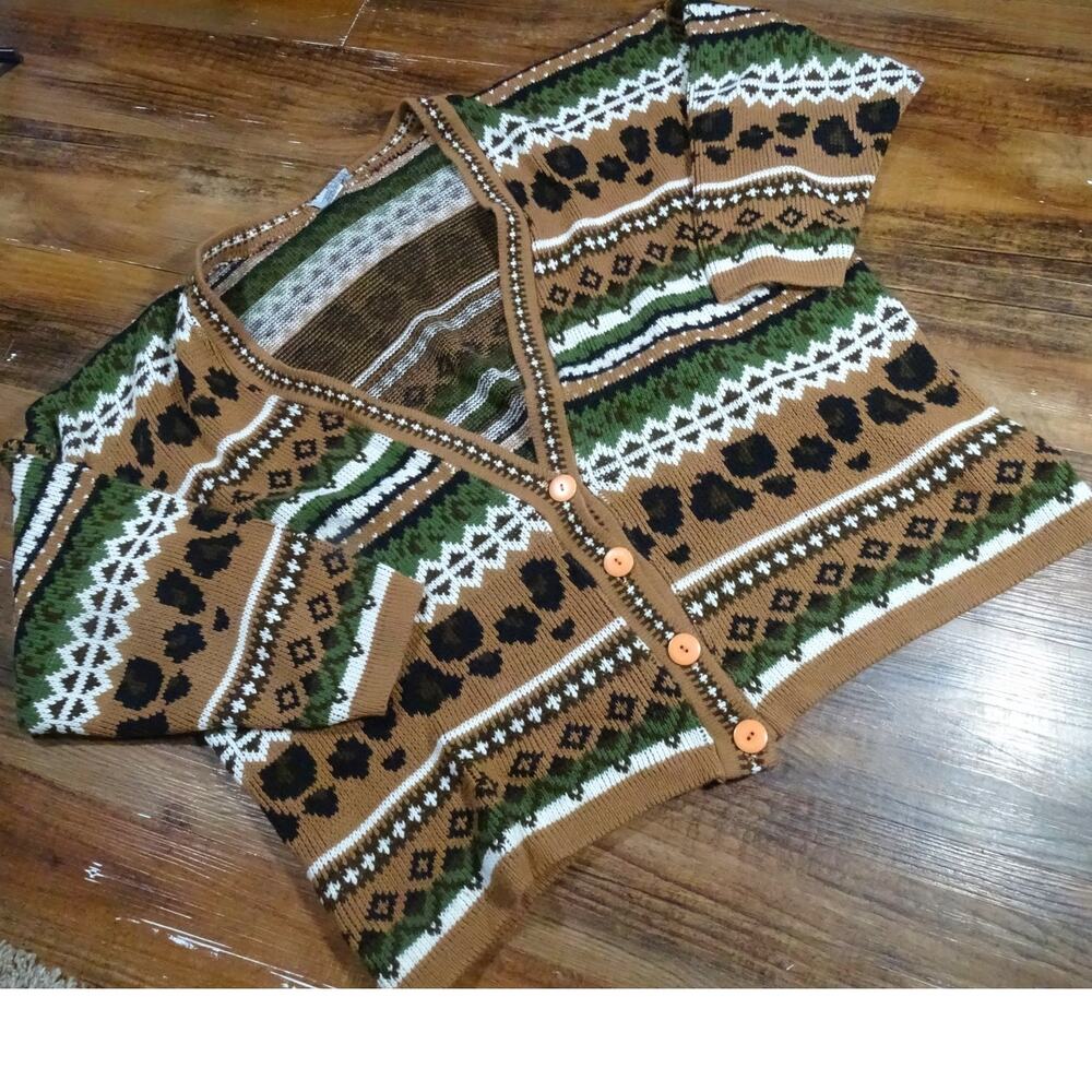 Vtg 80s Private Eyes Slouchy Cardigan Geometric Animal Print Oversized Sweater